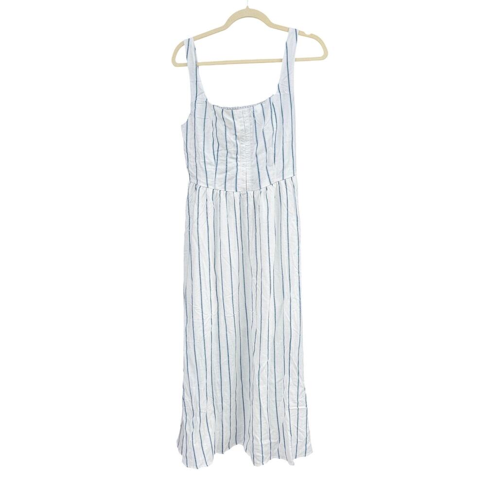 The Workshop Ella Stripe Midi Dress Front Hook Linen Blend Medium M NWT - Picture 4 of 10